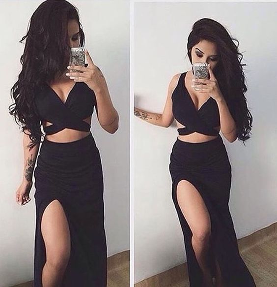 V-neck Black Two Piece Sex Prom Dresses cg5708