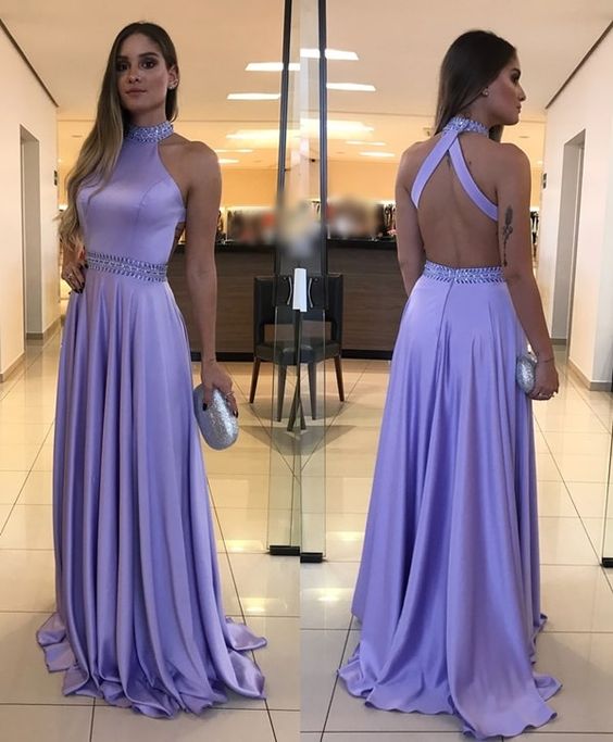 long lavender prom dress with high neckline and back neckline cg5716