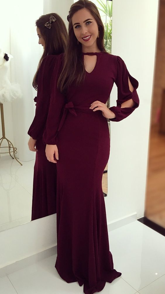 Burgundy evening dress , Elegant Long Sleeves Prom Dress , prom dress cg5719