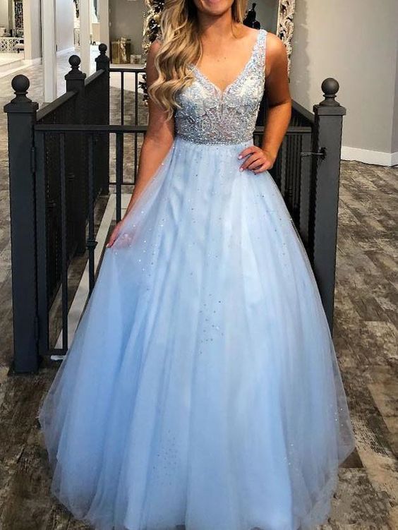 Elegant V neck Blue Tulle Prom Dress, Blue Evening Dress cg5737