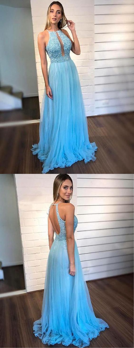 Blue Tulle O Neck Backless Long Beaded Prom Dress, Evening Dress cg5772