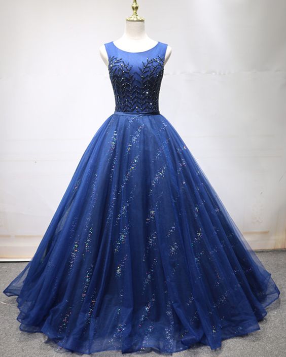 Deep Blue Tulle Beaded A Line Long Sequined Evening Dress, Senior Prom Dress cg5778