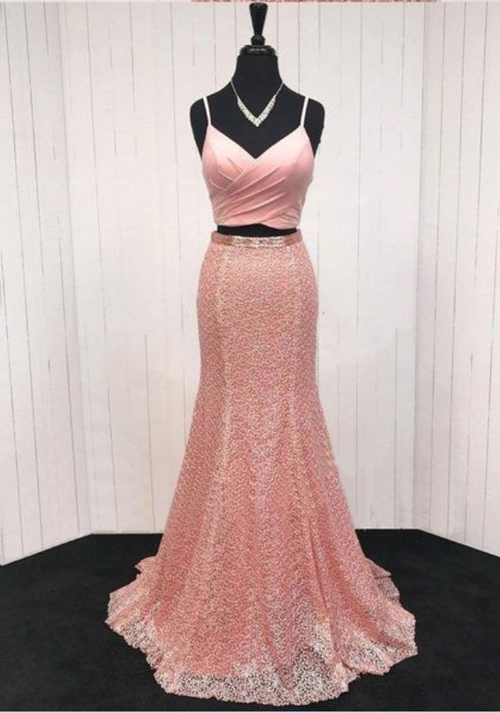 Pink lace V neck spaghetti straps two piece long mermaid prom dress  cg5783