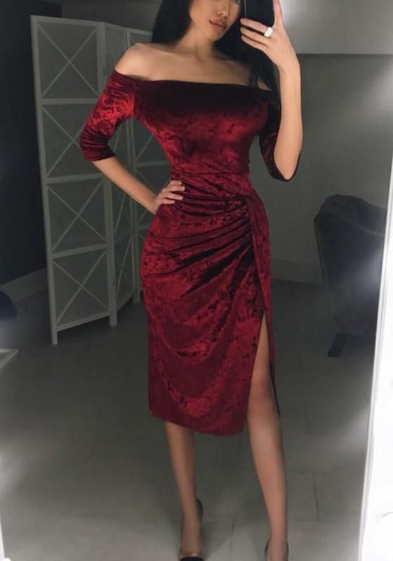 Wine Red Side Slit Elbow Sleeve Fashion Prom Dress cg5795