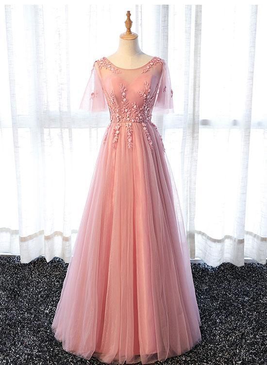 Pink round neck lace long prom dresses cg5815