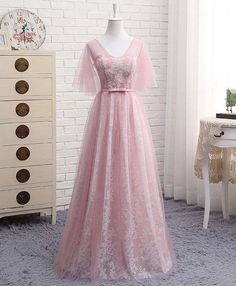 A line v neck lace tulle long prom dress cg5816