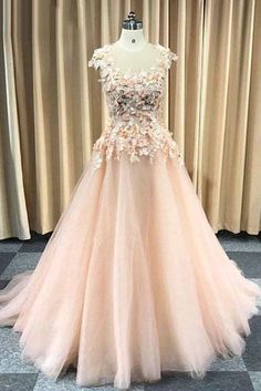Pretty pink tulle cap sleeves long floral lace appliqué evening dress, senior prom dress cg5820