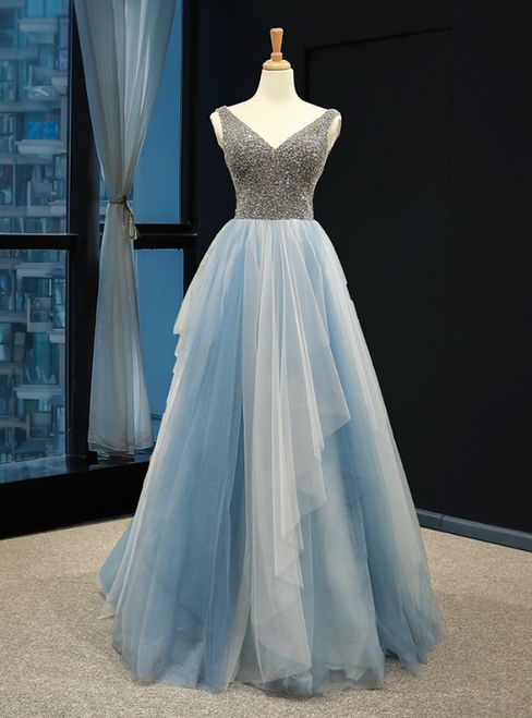 Gray Blue Tulle V-neck Backless Prom Dress With Beading cg5830