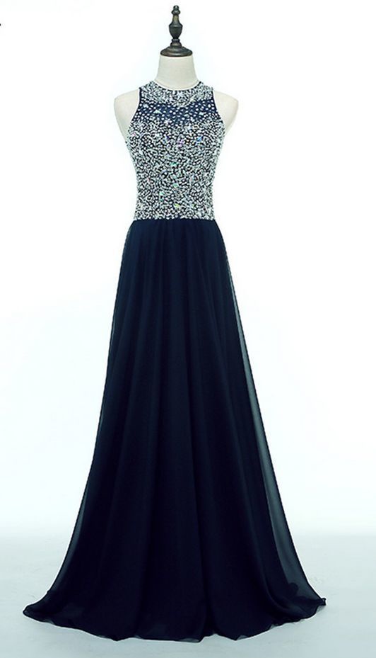 Chiffon O-neck Long Evening Dress Party Elegant Navy Blue Beads Vintage Prom Dress cg5846