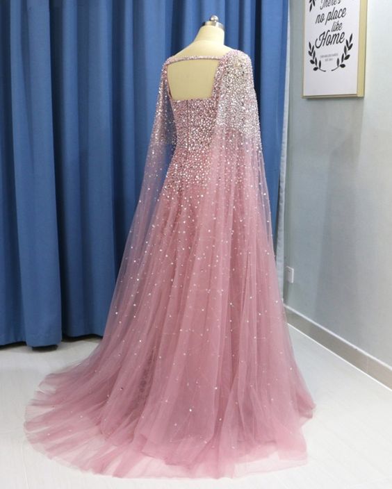 Pink Tulle Open Back Long Sleeve Sequins Evening Dress, Formal Prom Dress cg5853