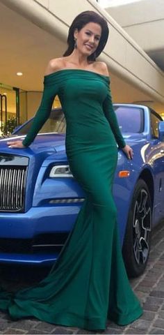 Cheap Green Off Shoulder Long Sleeve Mermaid Modest Elegant Popular Prom Dresses cg5854