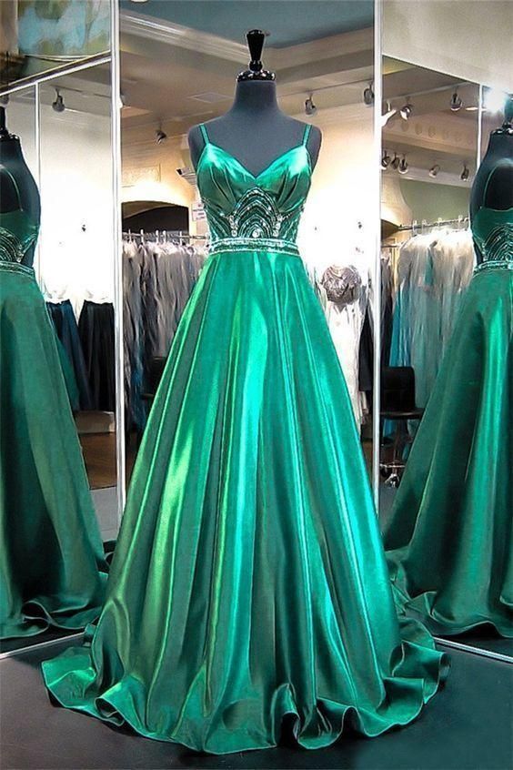 Beautiful Stunning A Line Sweetheart Cut Out Back Emerald Green Satin Beaded Prom Dress With Strap cg5865