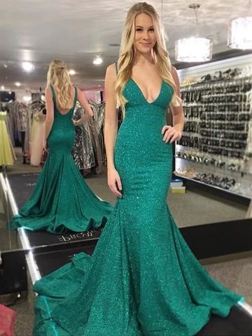Sequin Mermaid V Neck Backless Green Prom Dress cg5873