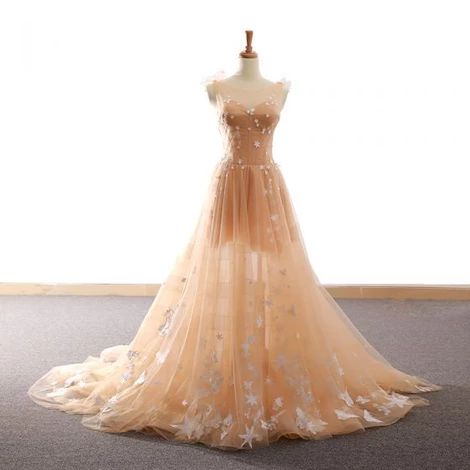 Princess Star Butterfly Scoop Neck Backless Sleeveless Court Train Formal prom Dresses cg5874