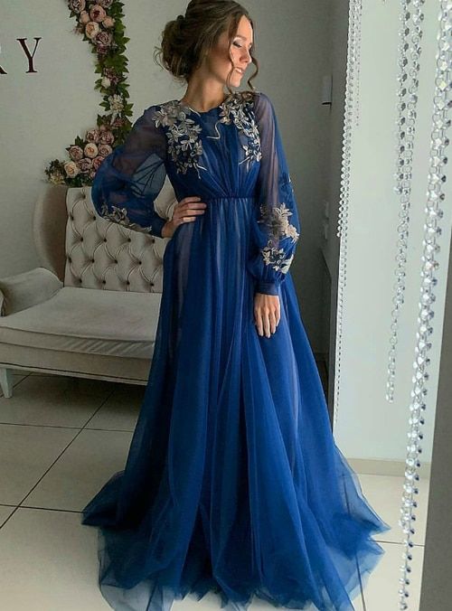 A-Line Blue Tulle Appliques Long Sleeve Long Prom Dress cg5875