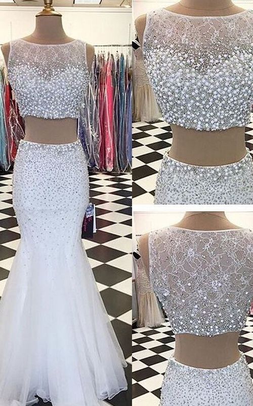 White Tulle Prom Dresses Mermaid Long Sleeveless Evening Dresses Two Piece Formal Gowns cg5888