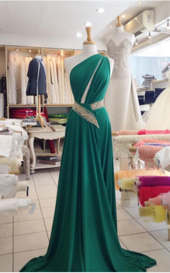 Green A Line Satin Evening Dresses One Shoulder Cutout Prom Dresses Sleeveless Party Dress Gowns cg5898