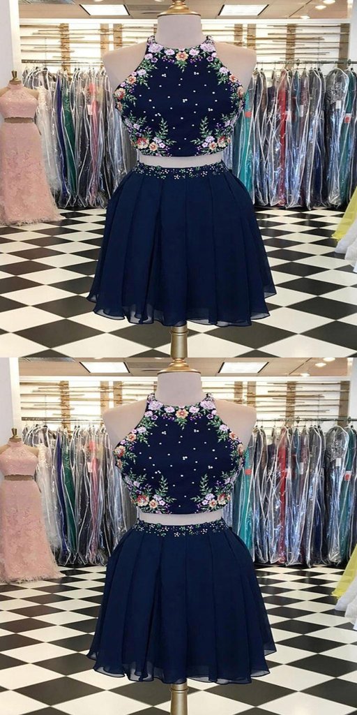 Sexy Two Pieces Navy Blue Short Homecoming Dresses With Halter Neckline,Affordable Homecoming Dresses cg590