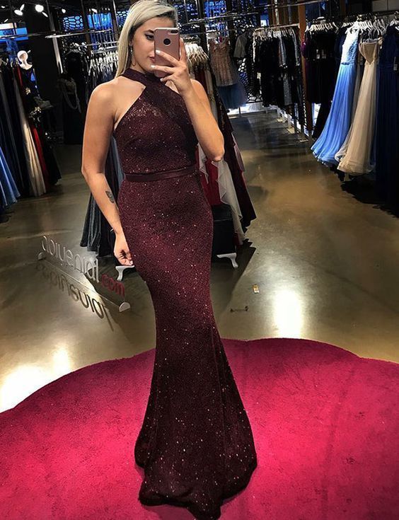 Mermaid Halter Floor Length Burgundy Lace Evening prom Dress with Beading cg5900