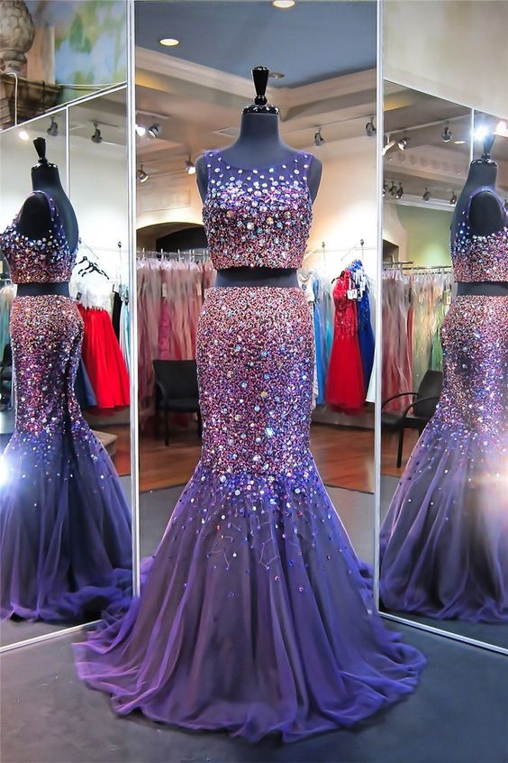 Sparkly Mermaid Scoop Neck Two Piece Purple Tulle Beaded Prom Dress cg5913