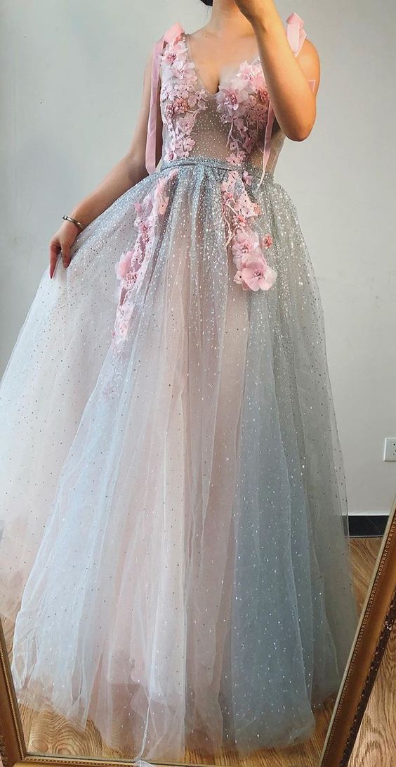 A-line V neck Beaded Pink Long Prom Dresses With Floral Beautiful Evening Gowns cg5949