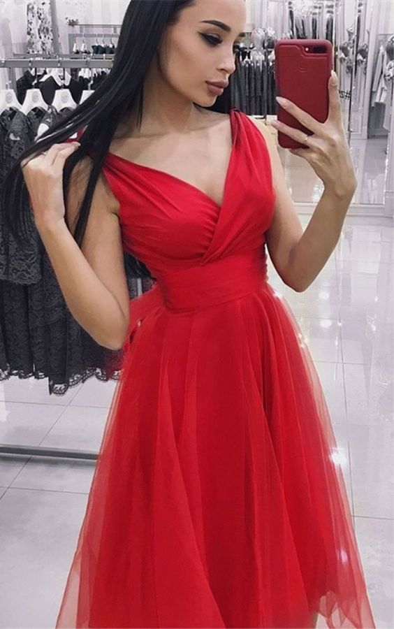 A-Line V-neck Sleeveless Tea-Length Red Homecoming Dress cg5961