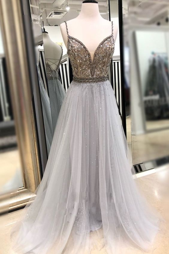 Unique Gray Tulle Bead Sequin Long Prom Dress, Gray Evening Dress cg5965