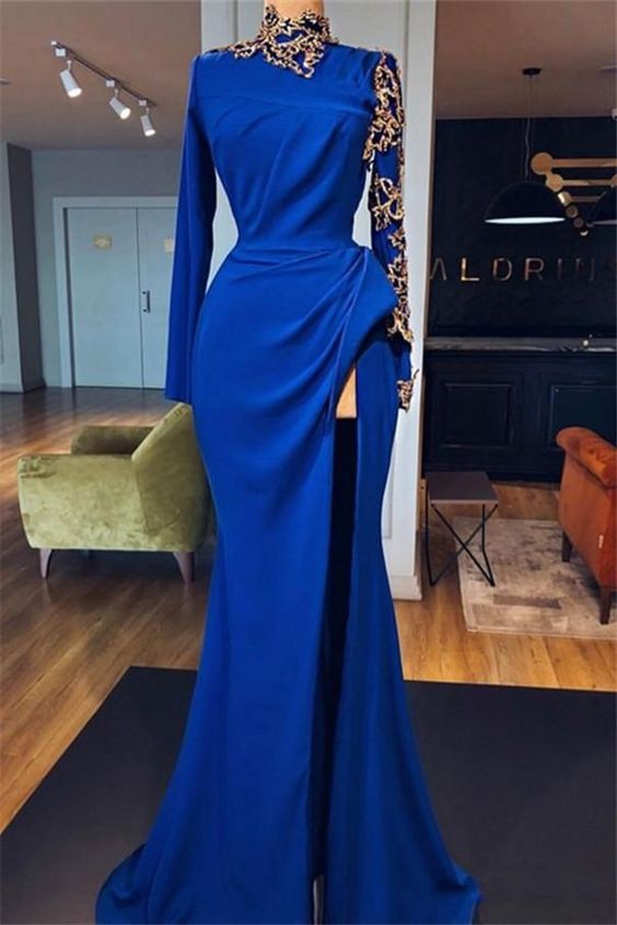 Royal Blue High Neck Side Slit Mermaid Prom Dresses, Elegant Long Sleeves Appliques Evening Gowns  cg5972