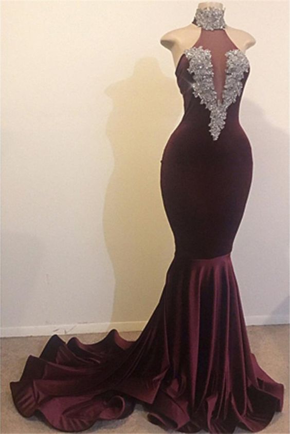 High Neck Backless Brush Train Mermaid Sequins Velvet prom Dress, Evening Dress cg5982