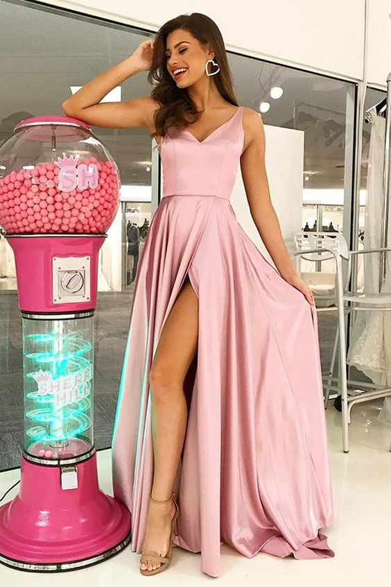 Simple V-Neck Black Prom Dress With Split cg5986