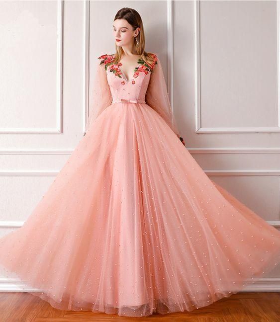 Pink Tulle Beaded Long V Neck Pearl prom Evening Dress With Sleeves cg5994