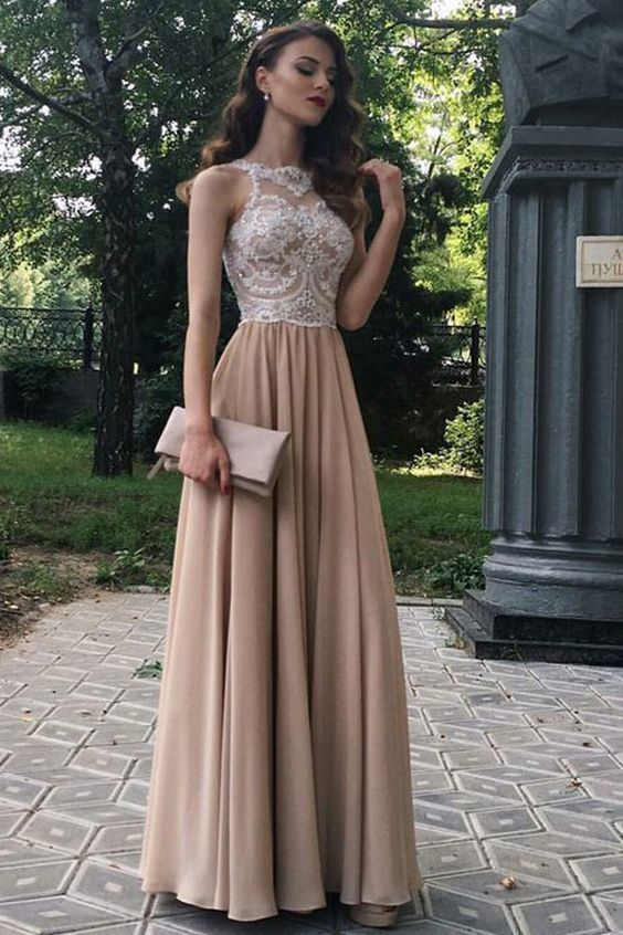 A-Line Beaded Lace Chiffon Long Prom Dresses Formal Evening Dresses cg6012