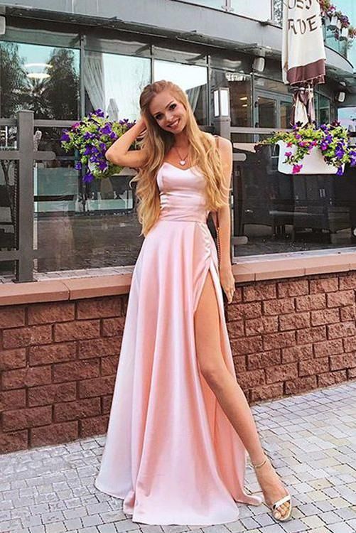 Elegant A Line Sweetheart Spaghetti Straps Chiffon Slit Pink Long Prom Dresses cg6031