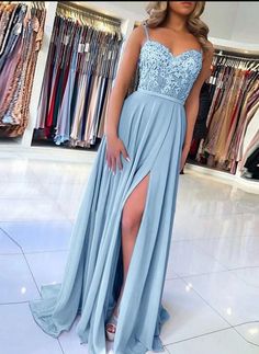 Blue lace A line long prom dress, evening dress cg6035