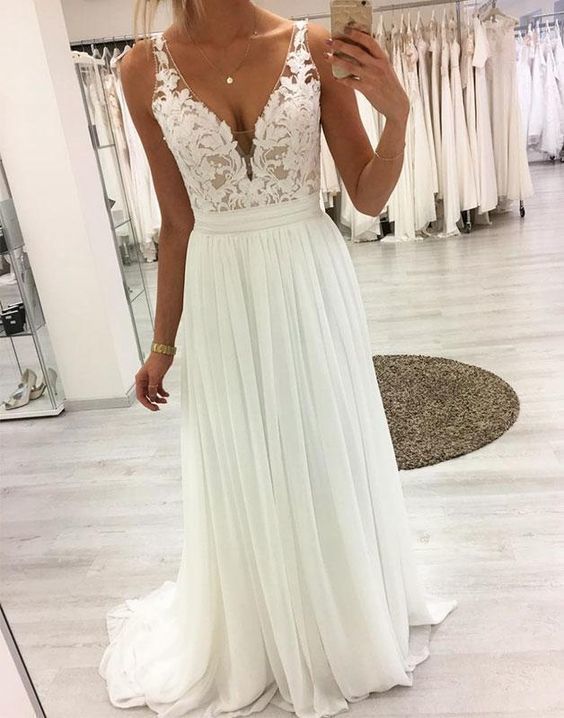 White v neck lace chiffon long prom dress, white lace evening dress cg6053