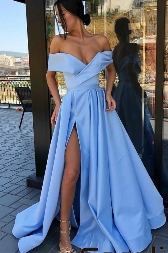 Blue Satin Long Prom Party Dresses with Off-the-shoulder cg6063