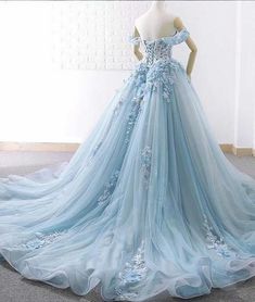 Blue tulle lace long prom gown, blue evening dress cg6069