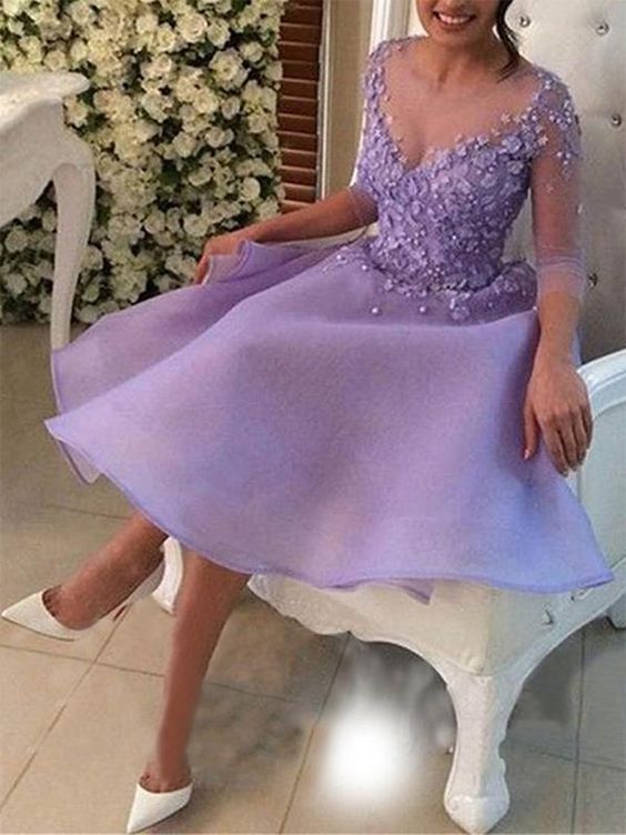 A-Line V-neck 3/4 Sleeves Knee-Length With Applique Organza prom Dresses cg6076