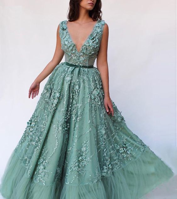 New 3D Lace Applique Green Tulle V Neck Long Evening Dress, Formal Prom Dress cg6080