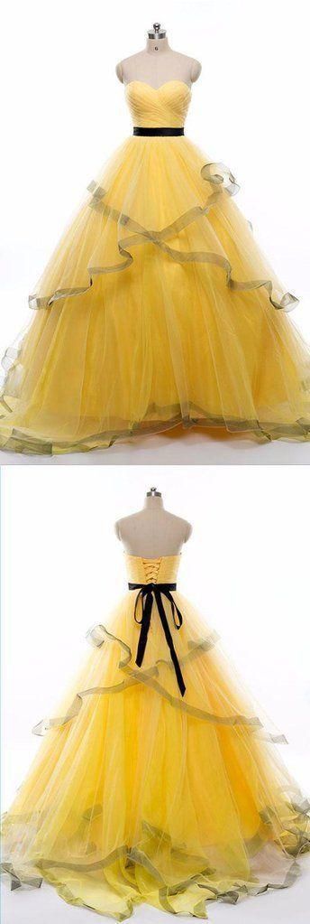 Sweetheart neck yellow tulle long ruffles evening dress, long strapless spring prom dress cg6083