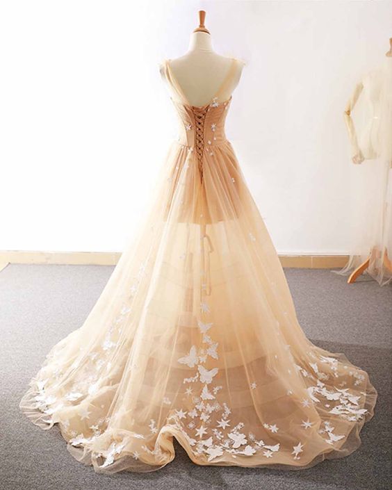 Sweetheart champagne tulle floor length customize evening prom dress cg6093