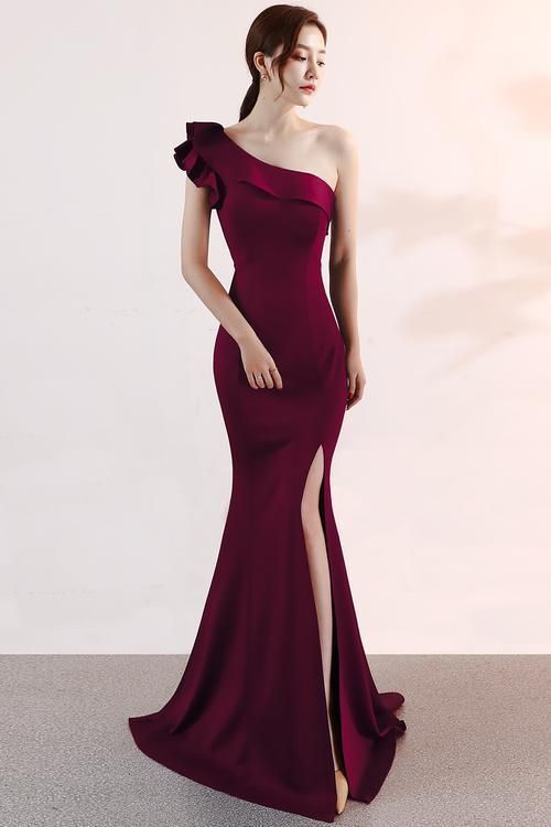 Beautiful Wine Red One Shoulder Slit Mermaid Party Dress, Elegant Prom Dress cg6121