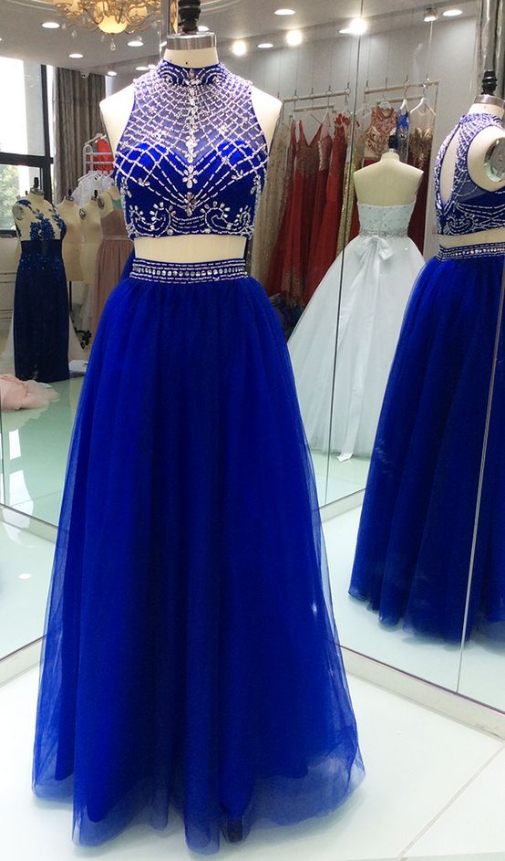 New 2 Pieces Tulle High Neck Keyhole Back With Bling bling Crystal Beaded Long Cheap Evening Formal Dress cg6123
