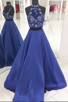 Blue two pieces lace long prom dress, blue evening dress cg6124