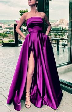 Long Purple Satin Strapless Prom Dresses cg6127