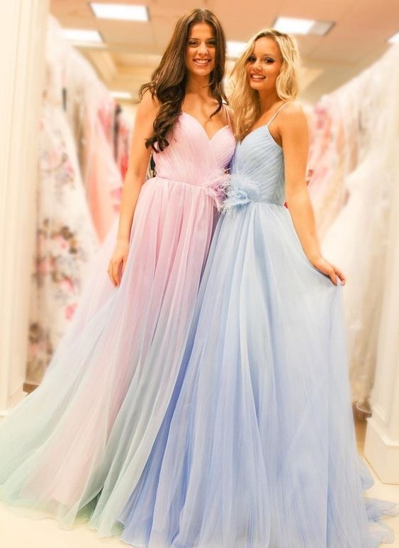 Spaghetti Strap Light Blue Tulle Prom Dress cg6134