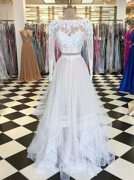 Irregular A Line Scoop Two Piece White Lace Long Sleeves Long Prom Dresses, Elegant Evening Dresses cg6146