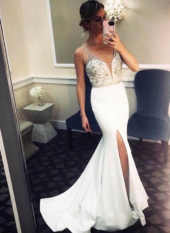 White v neck long prom dress, mermaid evening dress cg6150