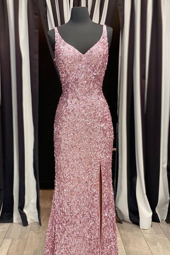Gorgeous Mermaid V-Neck Straps Pearl Pink Sequin Long Prom Dress with Slit, cg6151