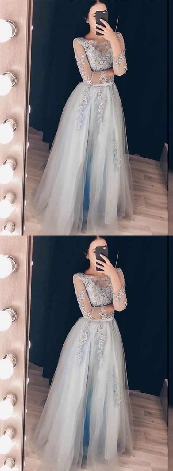 Gray tulle lace long prom dress, long sleeve evening dress cg6157